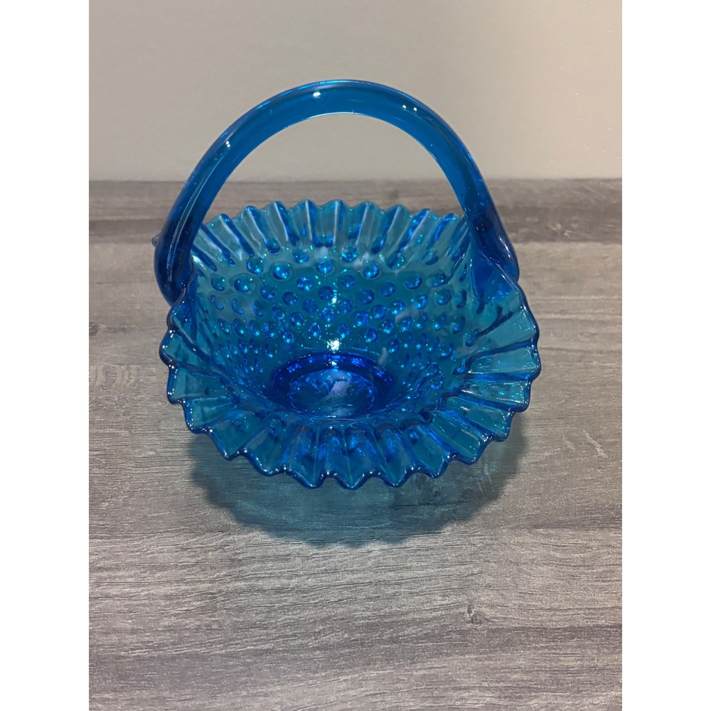 Vintage Fenton Hobnail Blue Glass Basket Ruffled Edge Crimped Candy Dish 7 inch - Picture 2 of 9